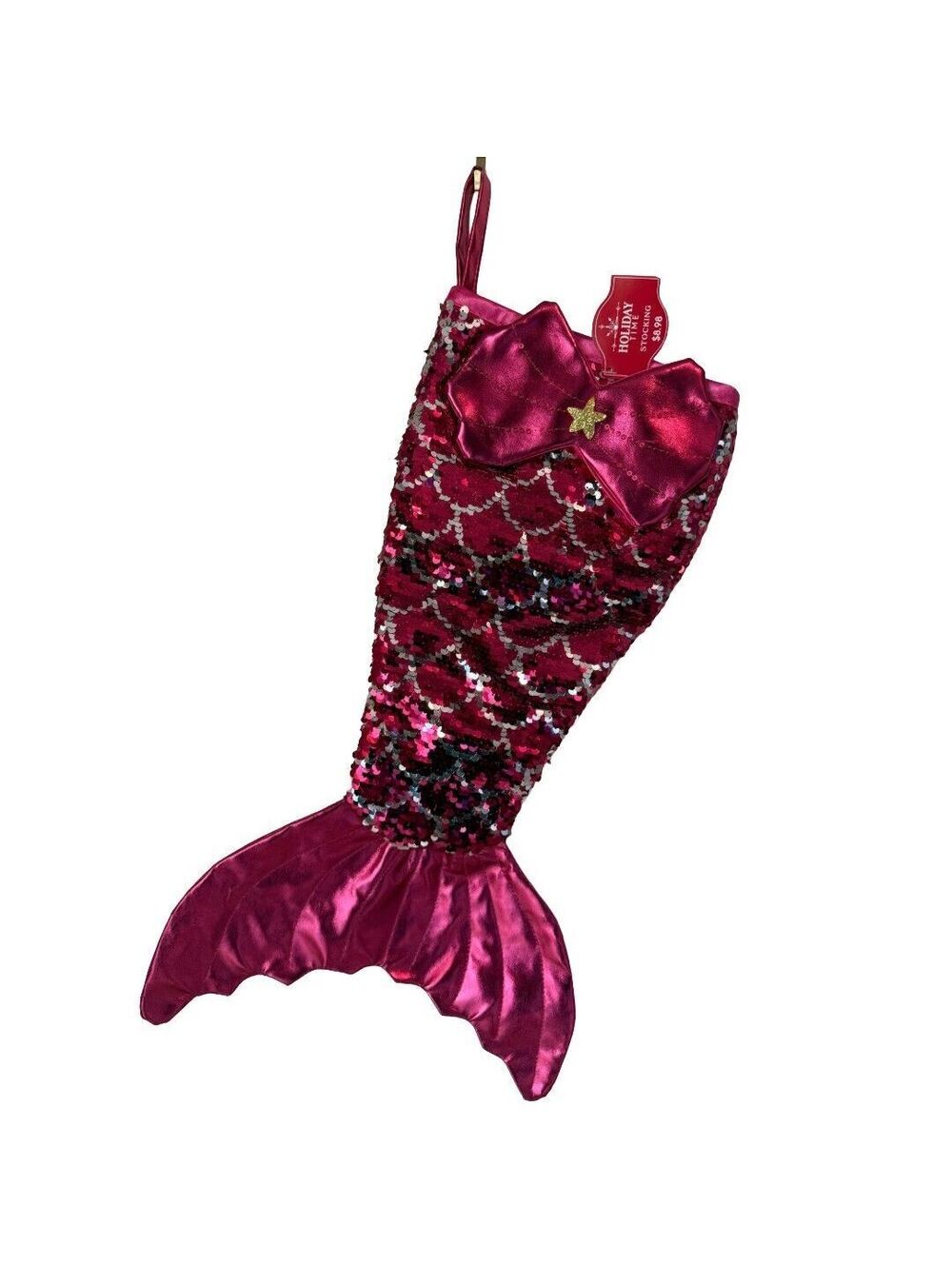 Holiday Time Hot Pink Sequined Mermaid Tail Stocking | New With Tags